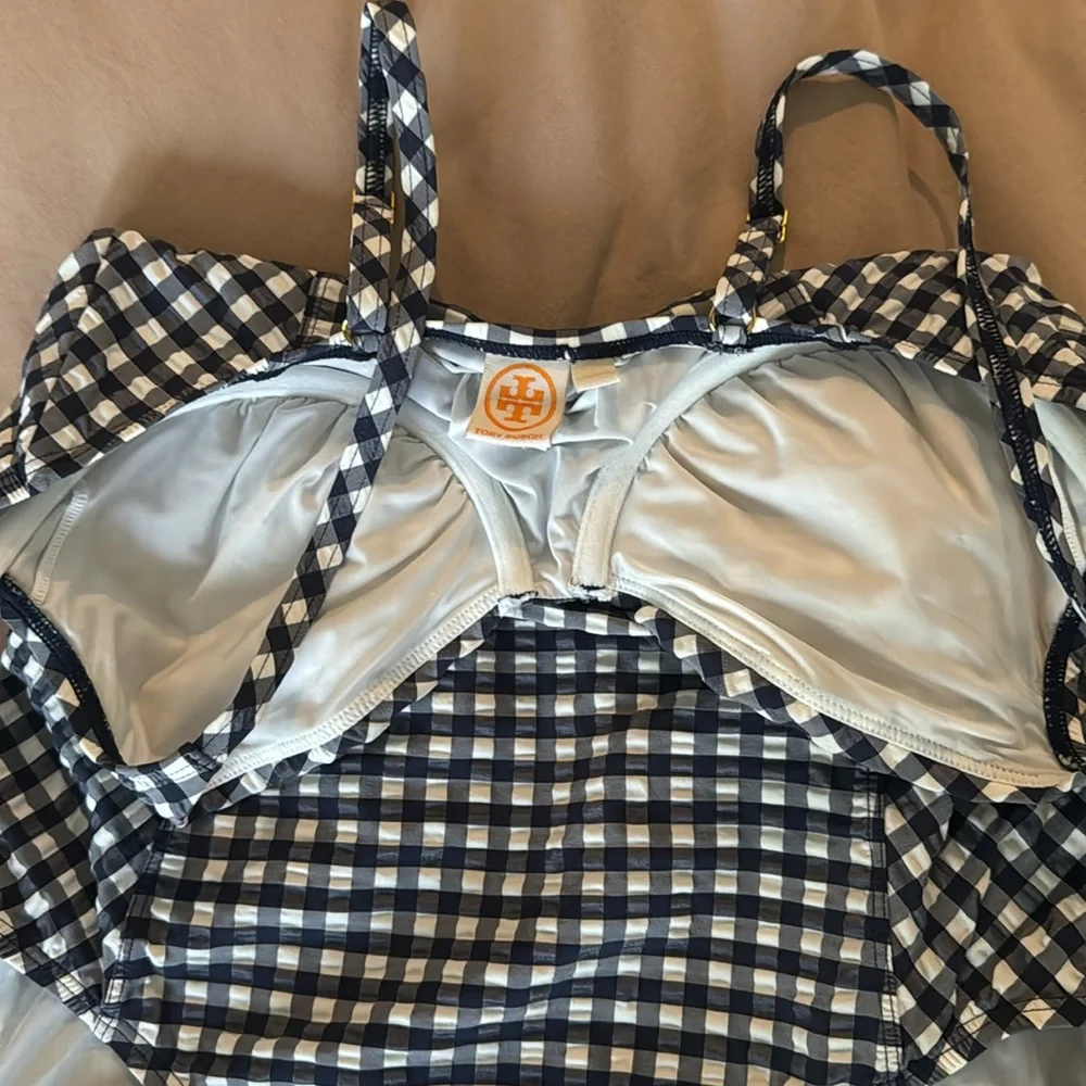 Tory Burch black white plaid swimsuit one piece small swim bodysuit vacation